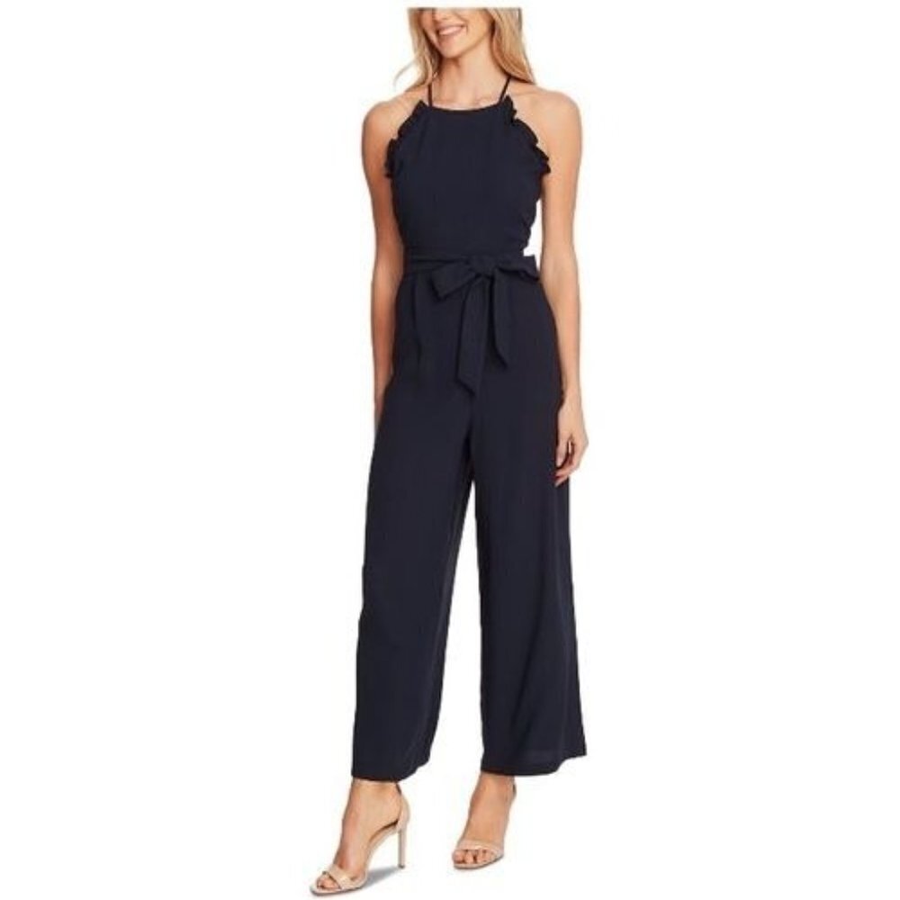 CeCe Jumpsuit Navy Blue Pantsuit Halter Riffles Tie Formal Party Romper Womens 4